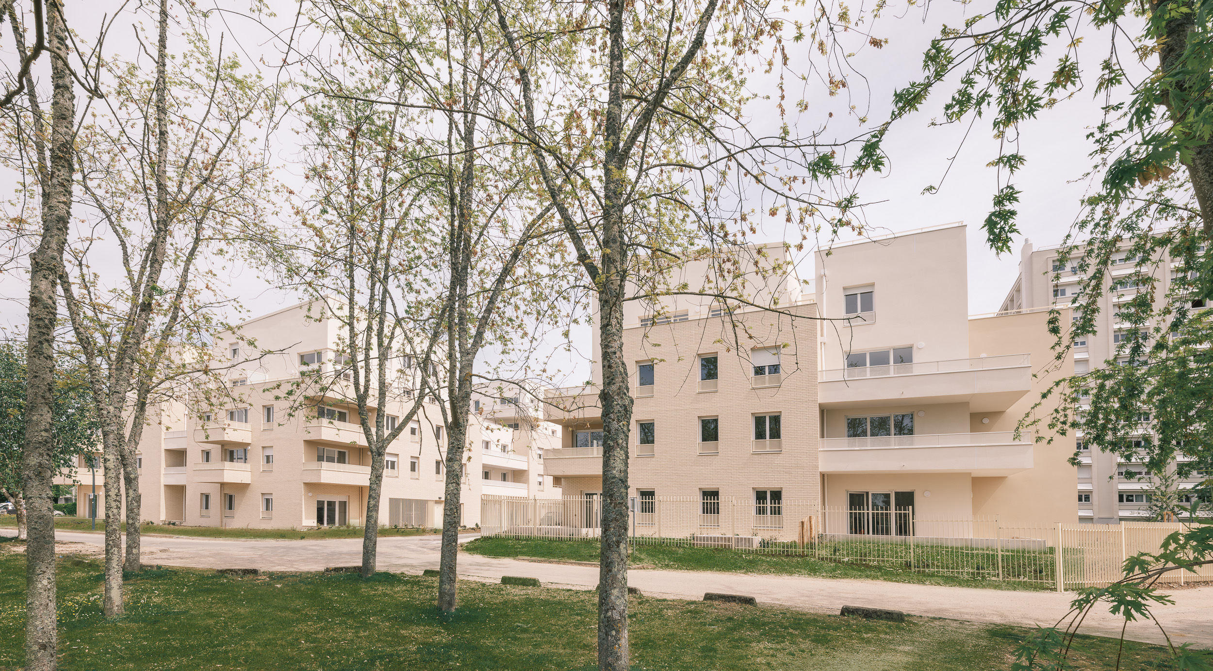 Vue d'un ensemble de logements collectifs contemporains de couleur claire, composé de plusieurs bâtiments de 3 à 5 étages avec balcons. L'ensemble est vu à travers un premier plan arboré, dans un environnement paysager verdoyant avec une voie de desserte et des clôtures discrètes.